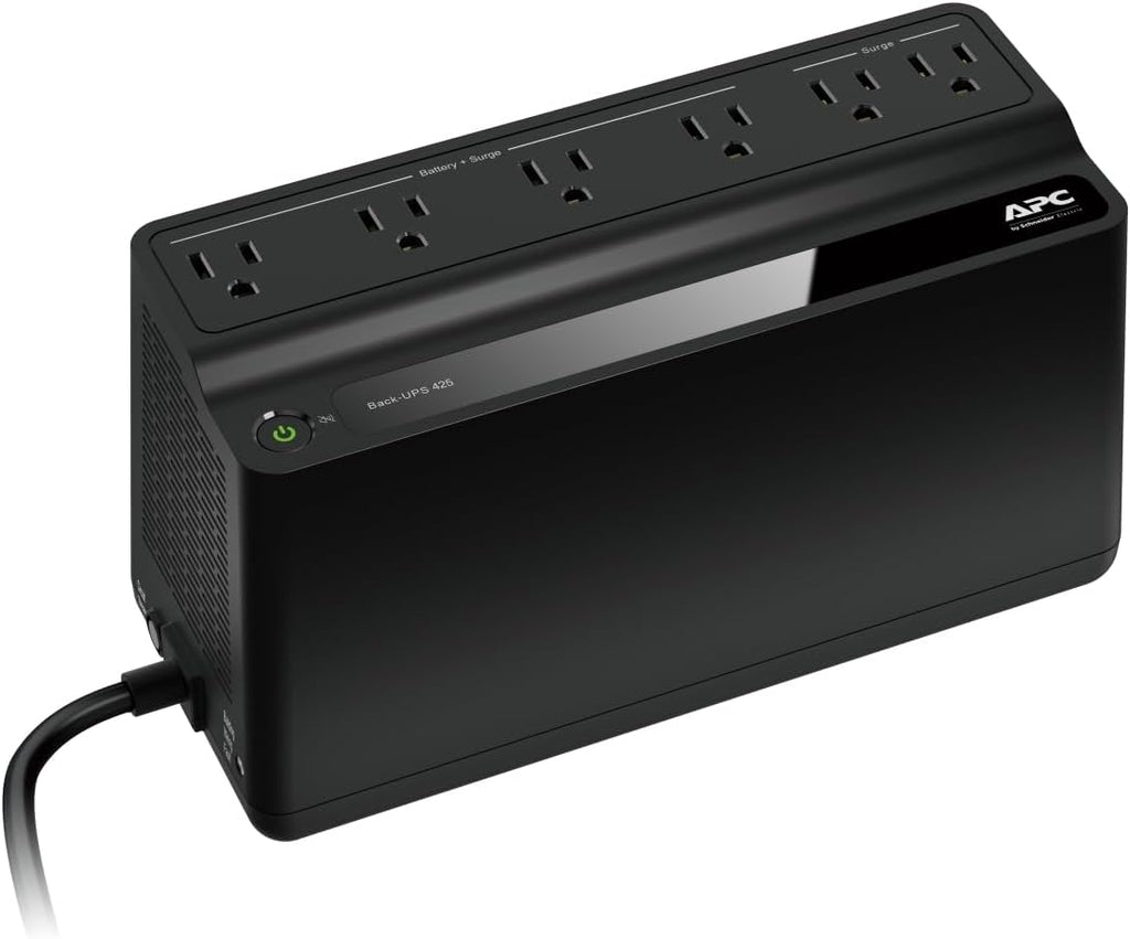 APC Protector contra sobretensiones de respaldo de batería de UPS, fuente de alimentación de batería de respaldo de 425VA, BE425M, color negro