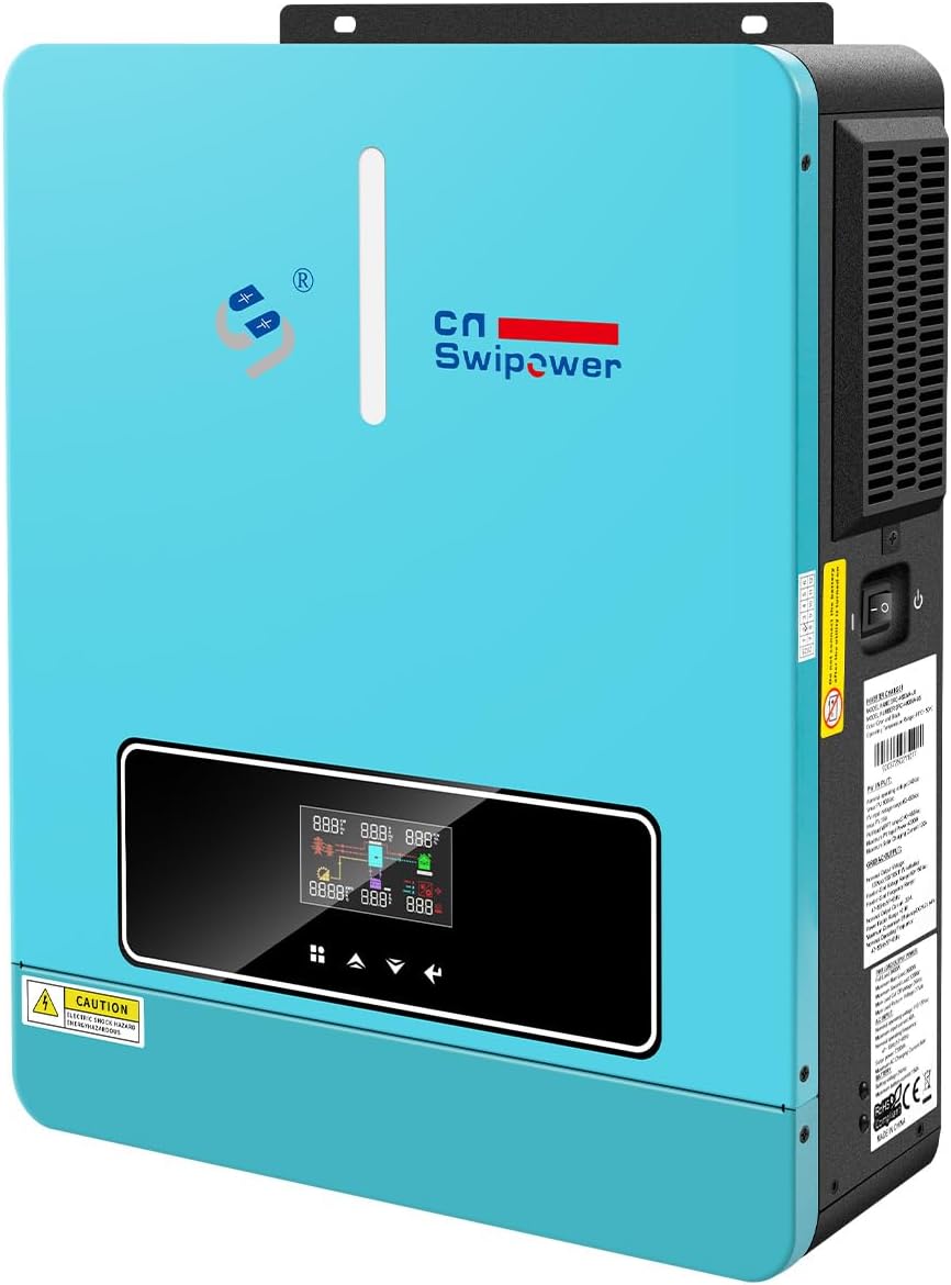 2 Inversor de potencia híbrido de onda sinusoidal pura de 3600 W con cargador solar MPPT de 120 A - CC 24 V (rango 20 V - 30 V) a CA 110 V 60 Hz, para respaldo doméstico, RV fuera de la red, sistemas