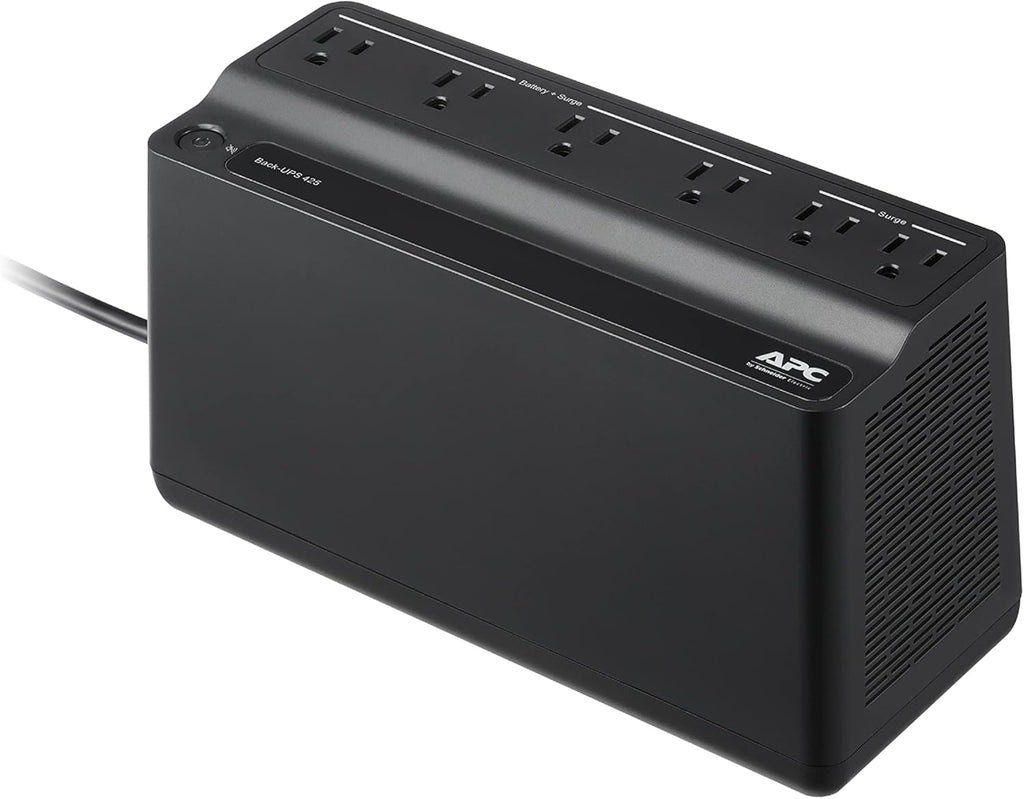 APC Protector contra sobretensiones de respaldo de batería de UPS, fuente de alimentación de batería de respaldo de 425VA, BE425M, color negro