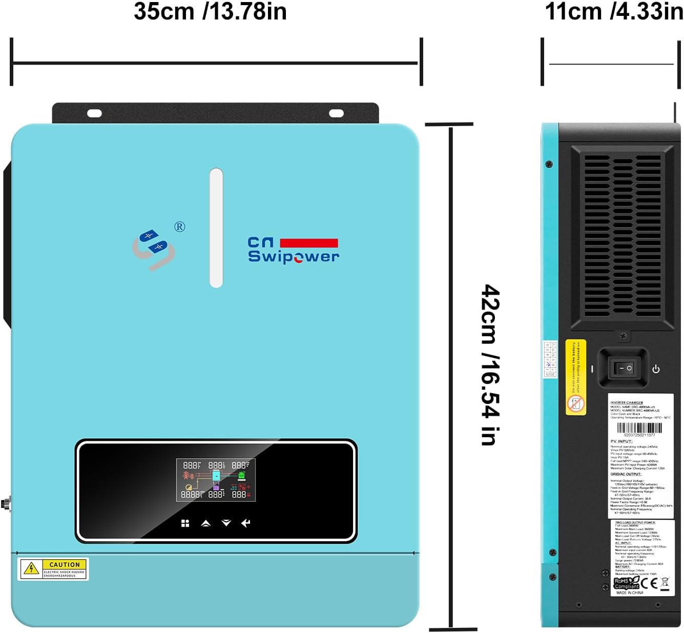 2 Inversor de potencia híbrido de onda sinusoidal pura de 3600 W con cargador solar MPPT de 120 A - CC 24 V (rango 20 V - 30 V) a CA 110 V 60 Hz, para respaldo doméstico, RV fuera de la red, sistemas