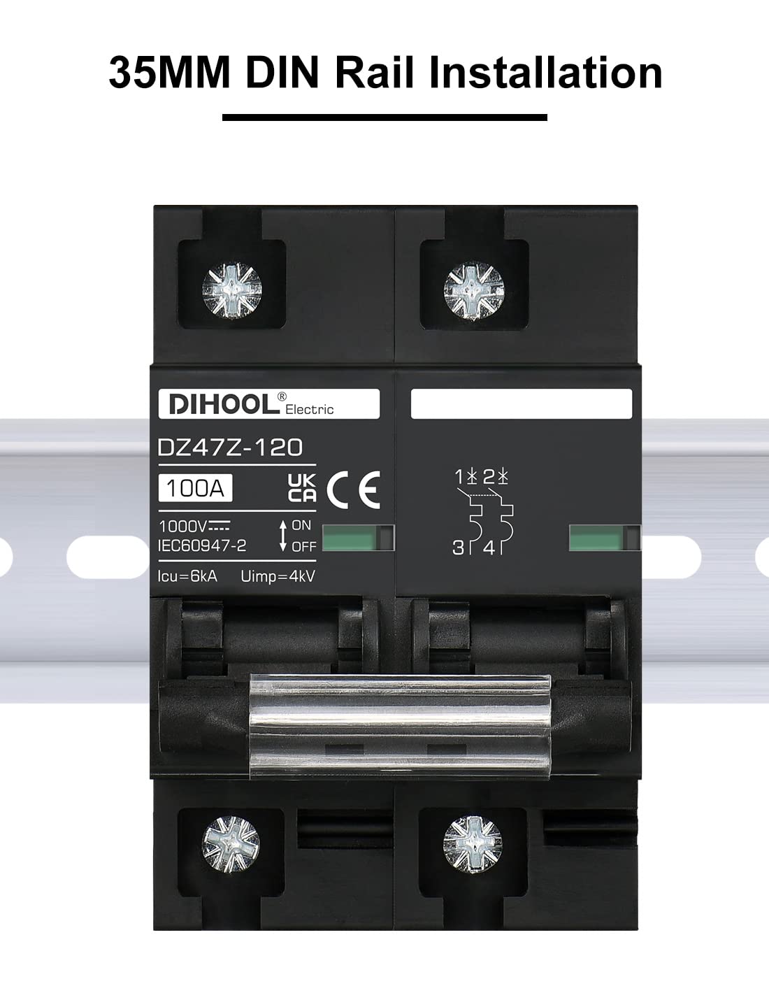 Disyuntor Solar 100A 2P | DC 12V-1000V | Riel DIN | Protección Fotovoltaica