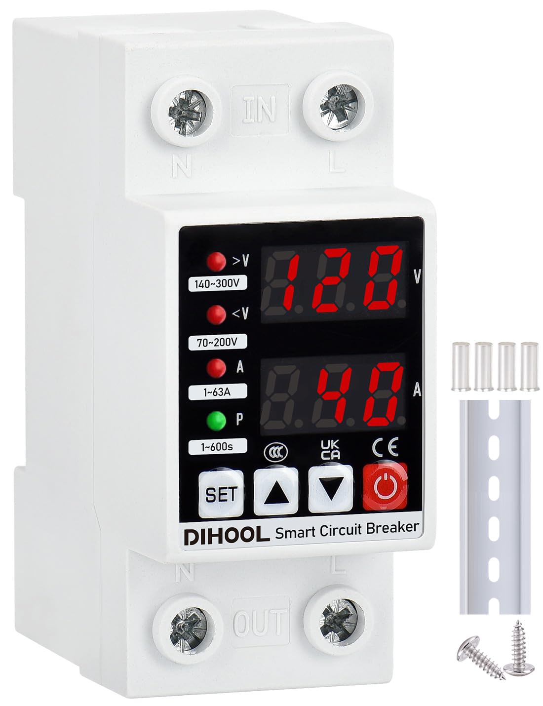 DIHOOL Protector de voltaje ajustable 110V 220V, corte de bajo/alto voltaje y protección contra sobrecorriente, subvoltaje 70-200V, sobretensión de 140-300V, desconexión de CA del disyuntor inteligente de 1-63A, montaje en carril DIN