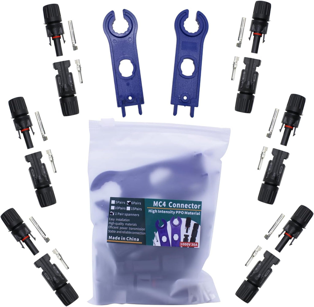 Conectores de Panel Solar MC-4, Impermeables IP67 para Panel Solar, Ensamblaje de Cables e Instalación, 6 Pares (12 Piezas) Conectores Solares Macho/Hembra MC4 con 1 Par de Llaves