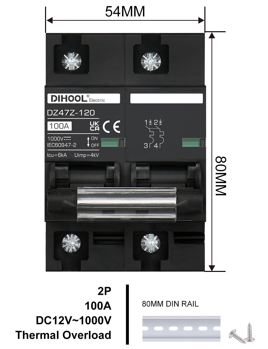 Disyuntor Solar 100A 2P | DC 12V-1000V | Riel DIN | Protección Fotovoltaica