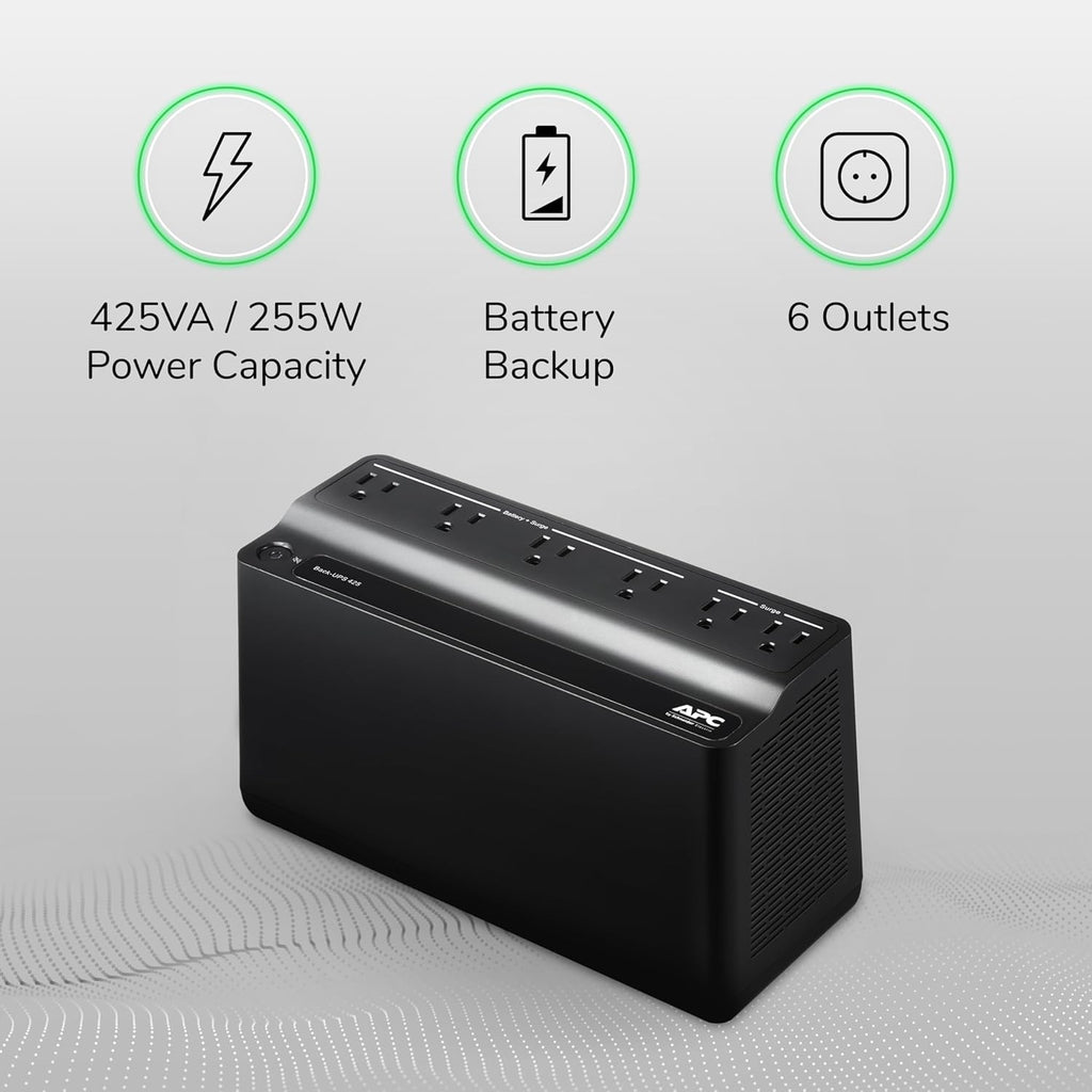 APC Protector contra sobretensiones de respaldo de batería de UPS, fuente de alimentación de batería de respaldo de 425VA, BE425M, color negro