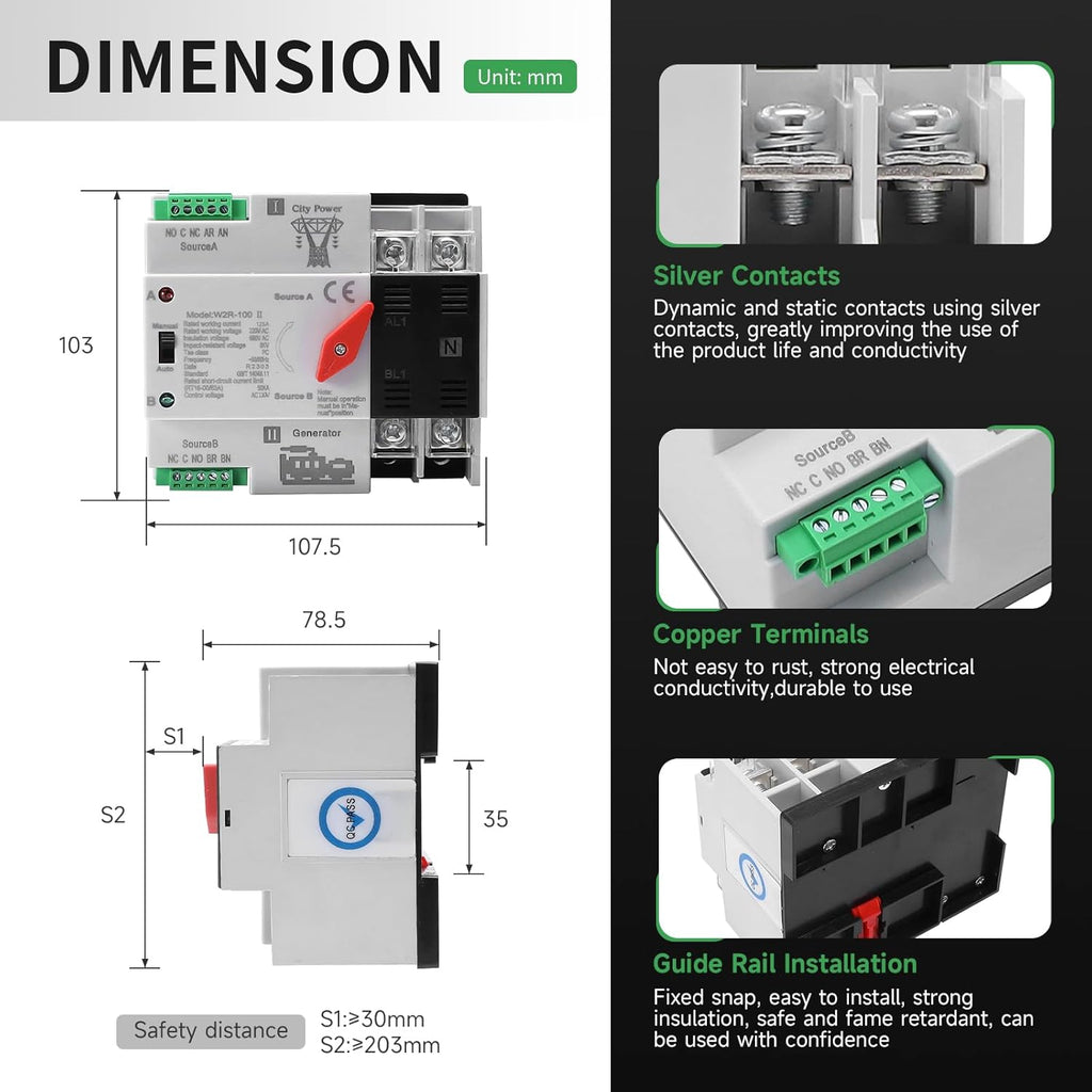 Interruptor de Transferencia Automática ATS 63A 2P – Solar & Generador, Riel DIN