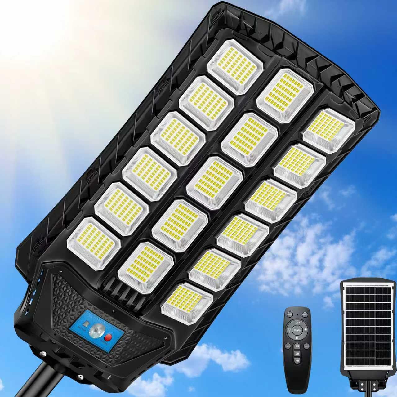 Luces solares de calle de 14000 W para exteriores, impermeables, luz de inundación LED con energía solar en el exterior, luz de estacionamiento de seguridad gran angular del atardecer