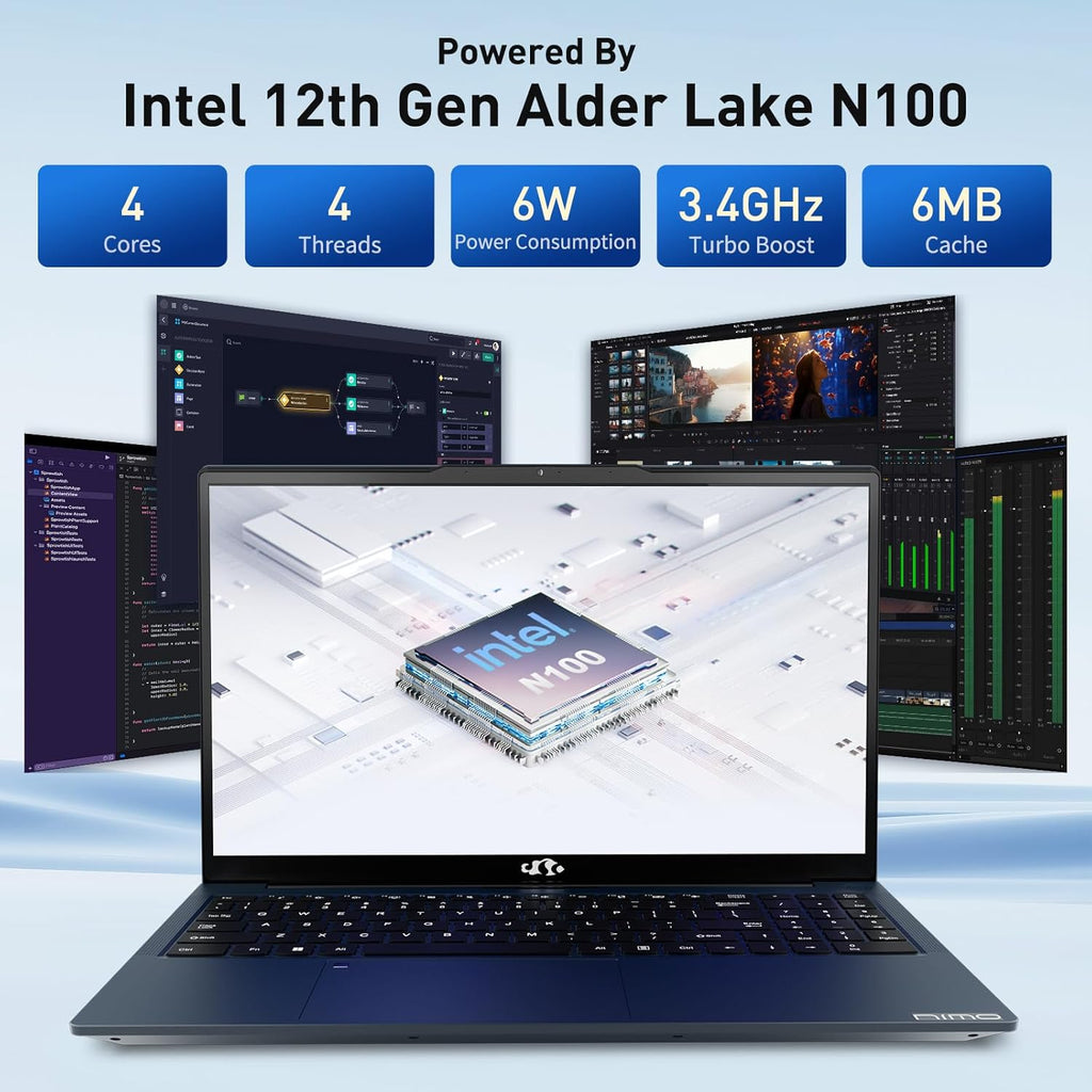 NIMO 15.6 IPS-FHD-Laptop, 16GB RAM 1TB SSD Intel Pentium Quad Core N100, teclado retroiluminado huella digital (Beat a i3-1115G4 hasta 3.4GHz) Computadora para estudiante-hogar WiFi 6 BT5.2 Win 11