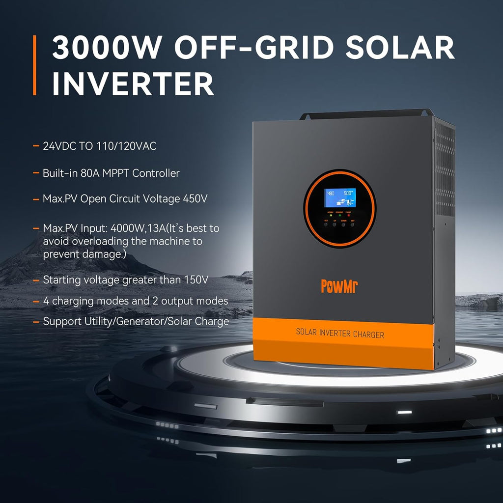 PowMr Inversor Solar Híbrido 3000W 24V | MPPT 80A | Onda Sinusoidal Pura