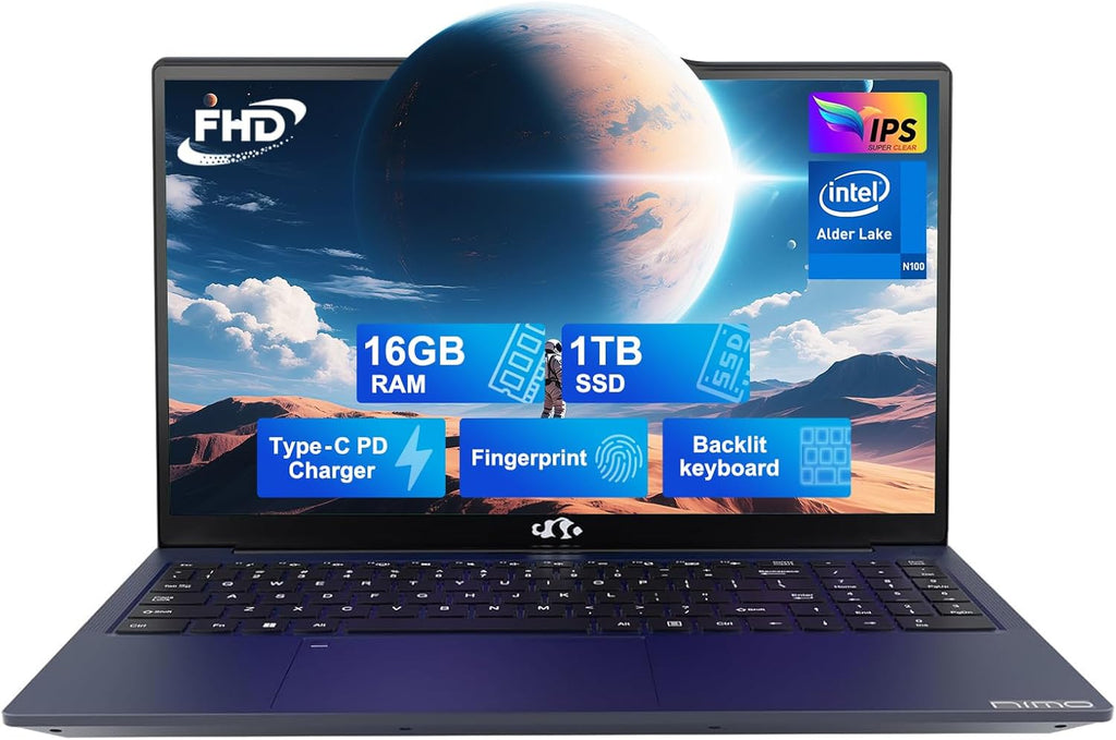 NIMO 15.6 IPS-FHD-Laptop, 16GB RAM 1TB SSD Intel Pentium Quad Core N100, teclado retroiluminado huella digital (Beat a i3-1115G4 hasta 3.4GHz) Computadora para estudiante-hogar WiFi 6 BT5.2 Win 11