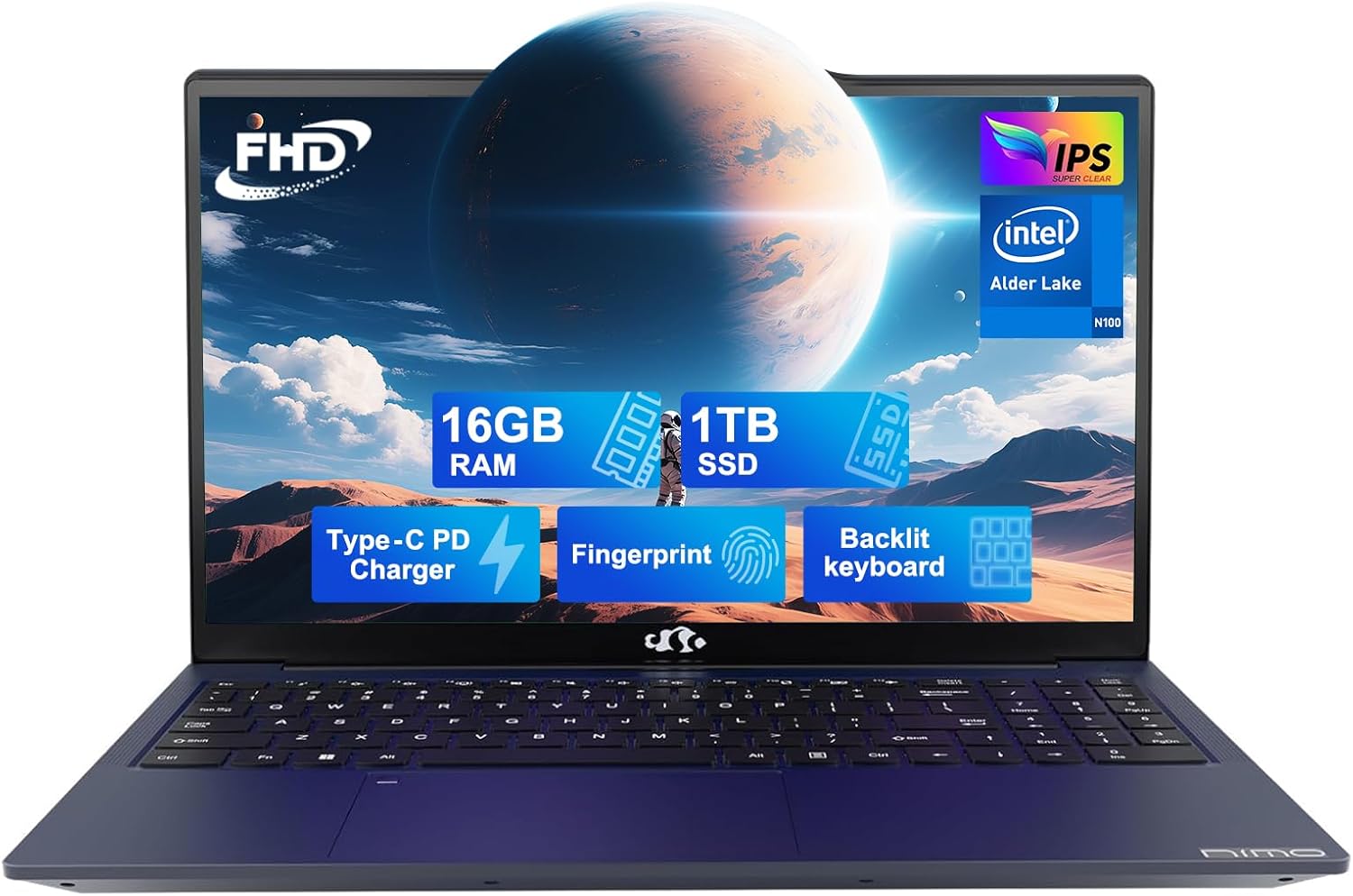 NIMO 15.6 IPS-FHD-Laptop, 16GB RAM 1TB SSD Intel Pentium Quad Core N100, teclado retroiluminado huella digital (Beat a i3-1115G4 hasta 3.4GHz) Computadora para estudiante-hogar WiFi 6 BT5.2 Win 11