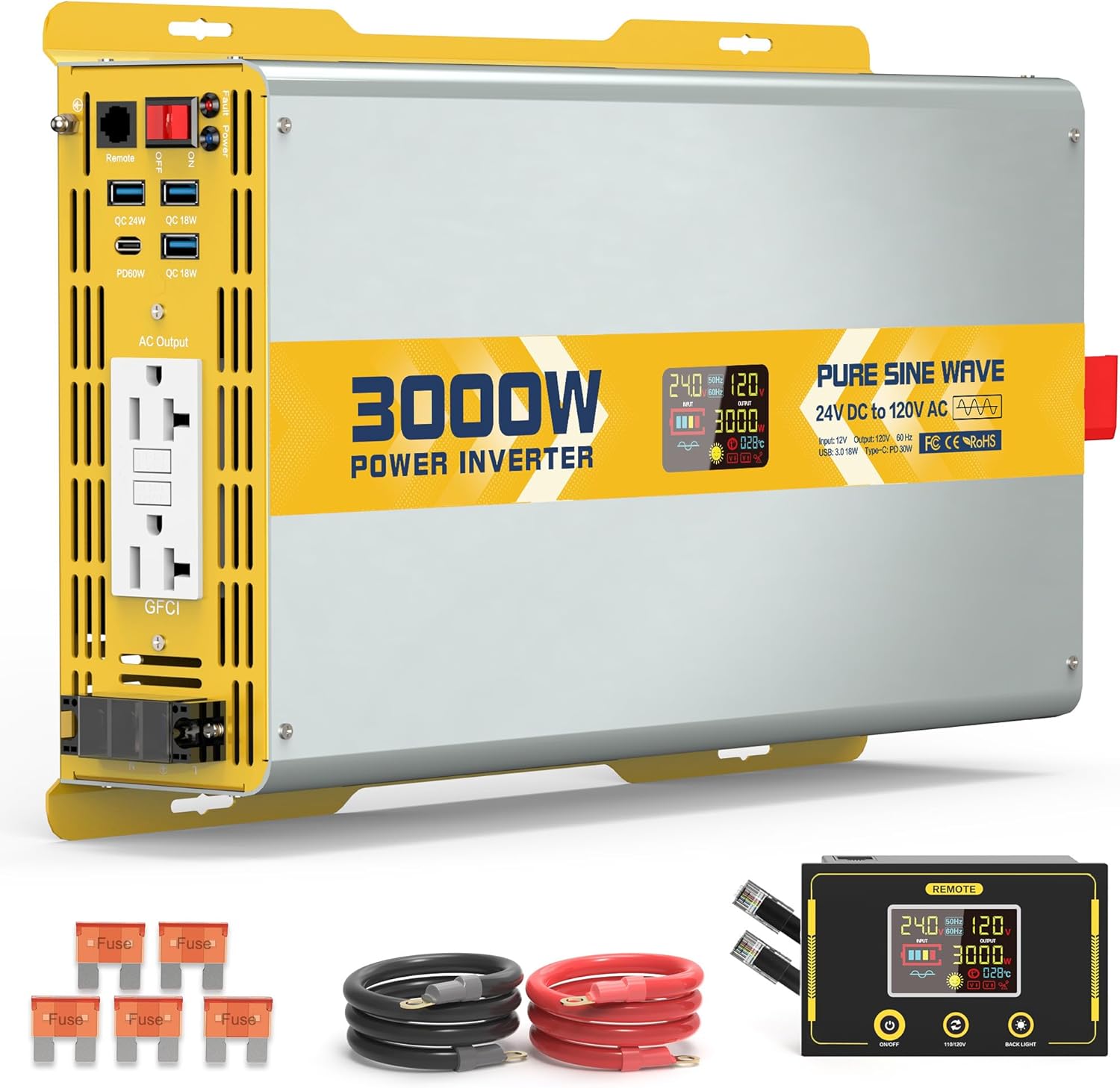 Inversor de Onda Sinusoidal Pura 3000W | 24V DC a 120V AC | GFCI | Control Remoto