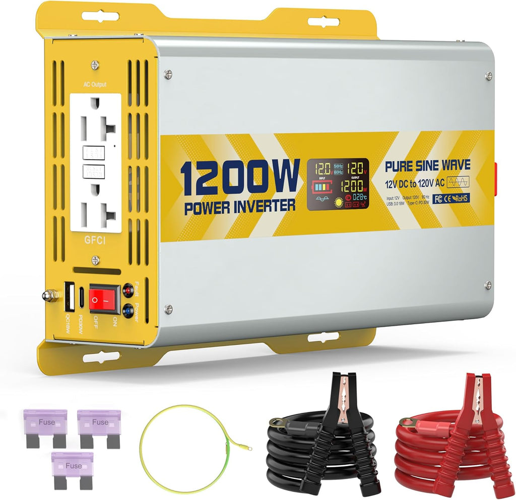 Inversor Onda Sinusoidal Pura 1200W | 12V a 120V | GFCI | Pantalla LCD | XWJNE